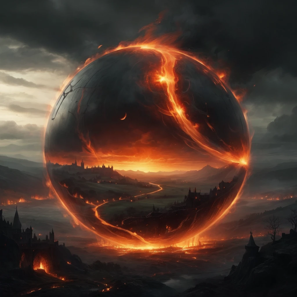 A dark, atmospheric depiction of the fiery sphere and landscape, with intricate, medieval-inspired details and a somber, eerie mood.