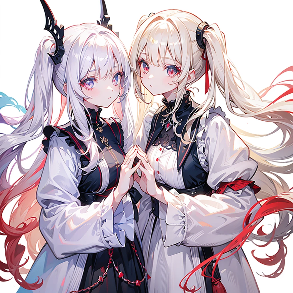 Two girls, one with beige hair and very red eyes, the other with white hair and blue eyes, twin tails, long hair, white background, colorful jewels, light, high quality, high five