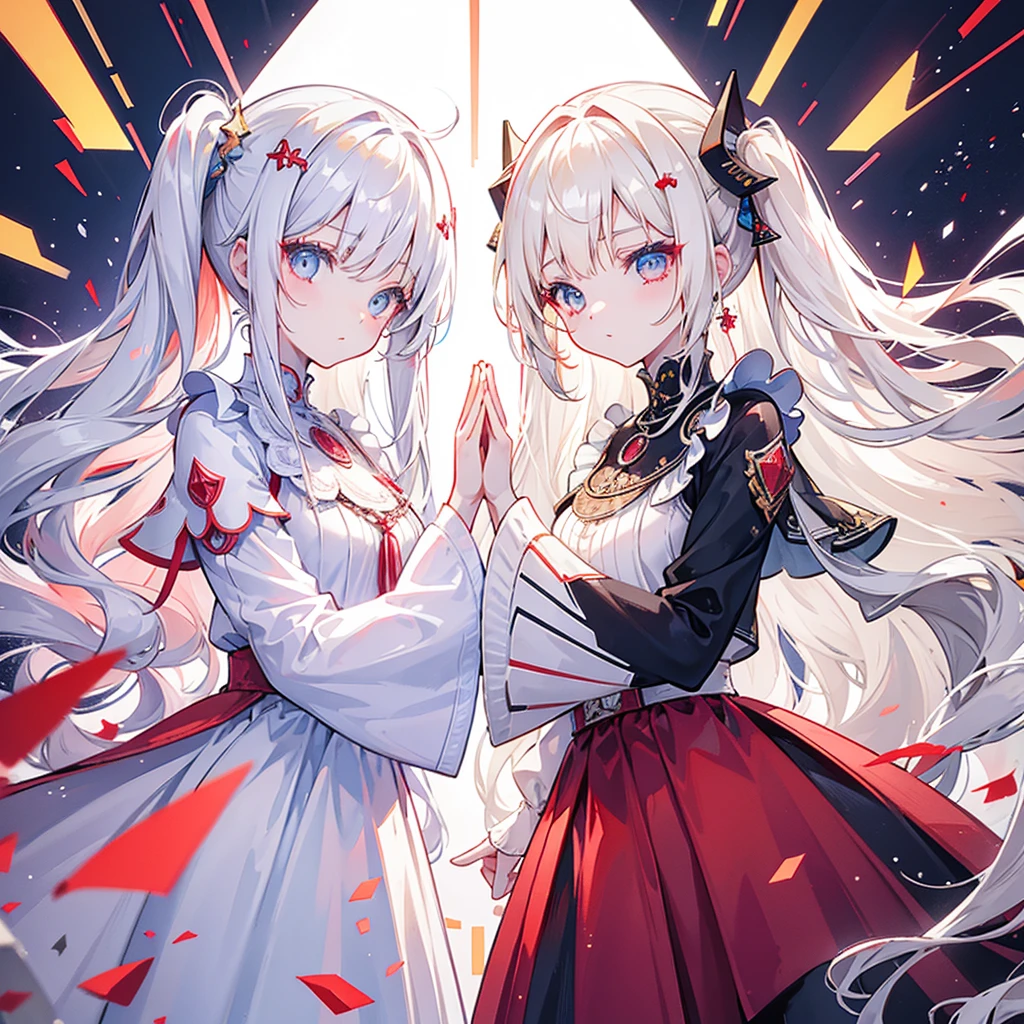 Two girls, one with beige hair and very red eyes, the other with white hair and blue eyes, twin tails, long hair, white background, colorful jewels, light, high quality, high five