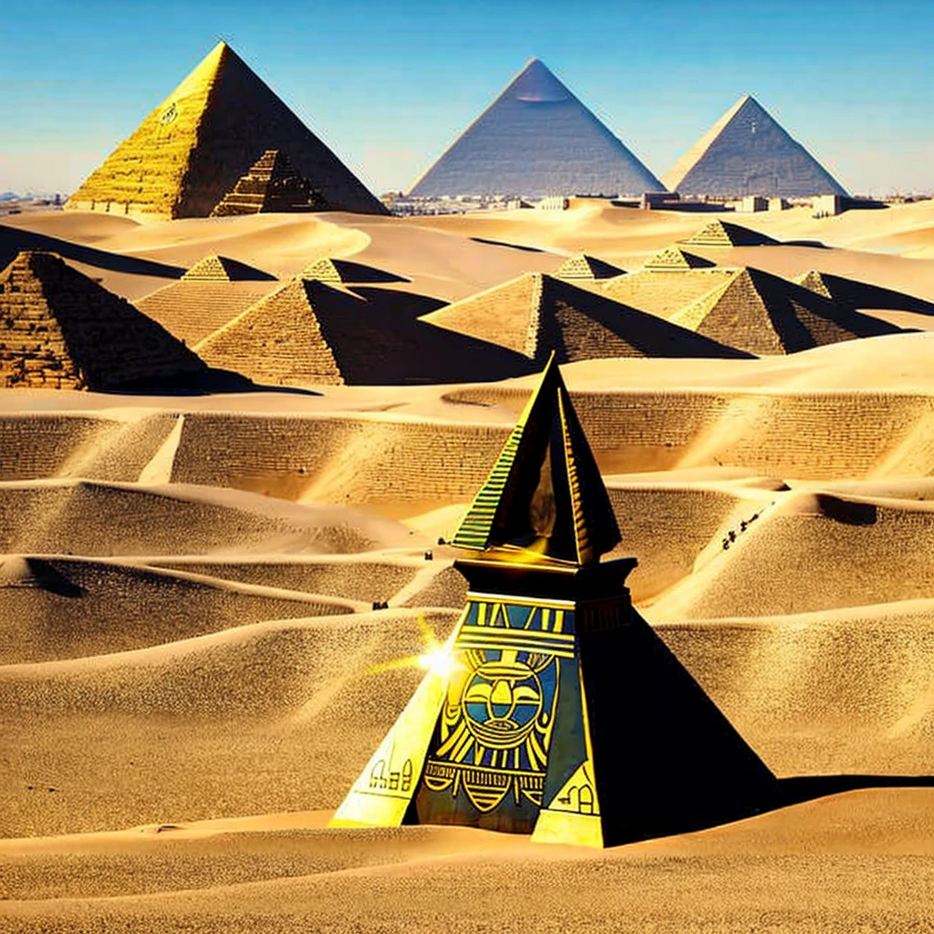 Create an image in Egypt, of a pharaoh with Eye of Horus, a Pyramid in the background, UFOs in the sky. (futuristic image)
