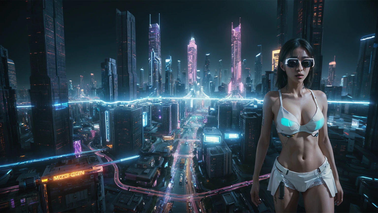 Cyberpunk female plagiarist immersed in digital theft, neon-lit alias within a vast online labyrinth, grotesque grunge brushing into surrealism, illuminated by kaleidoscopic volumetric light, a detailed masterpiece reminiscent of Moebius' distinctive style, deep focus, heightened depth field, psychedelic undertones amplified in a cinematic shot, (((((aerial view of cyberpunk city at night))))), (((((1girl, solo, alone))))), photo realistic, (((((large-breast:1.4 slim body, cleavage:1.4))))), (((off broken mini sling-shirt and black sling bra, (((extreamly short white pleated miniskirt, micro panty)))))), (((((running pose))))), (((((((matrix style black micro sunglasses))))))), ((((((((((aiming with a short gun)))))))))), (((((looking at camera))))), (((very low view))), (((((half-body thigh level medium shot))))), (((cinematic lighting))).