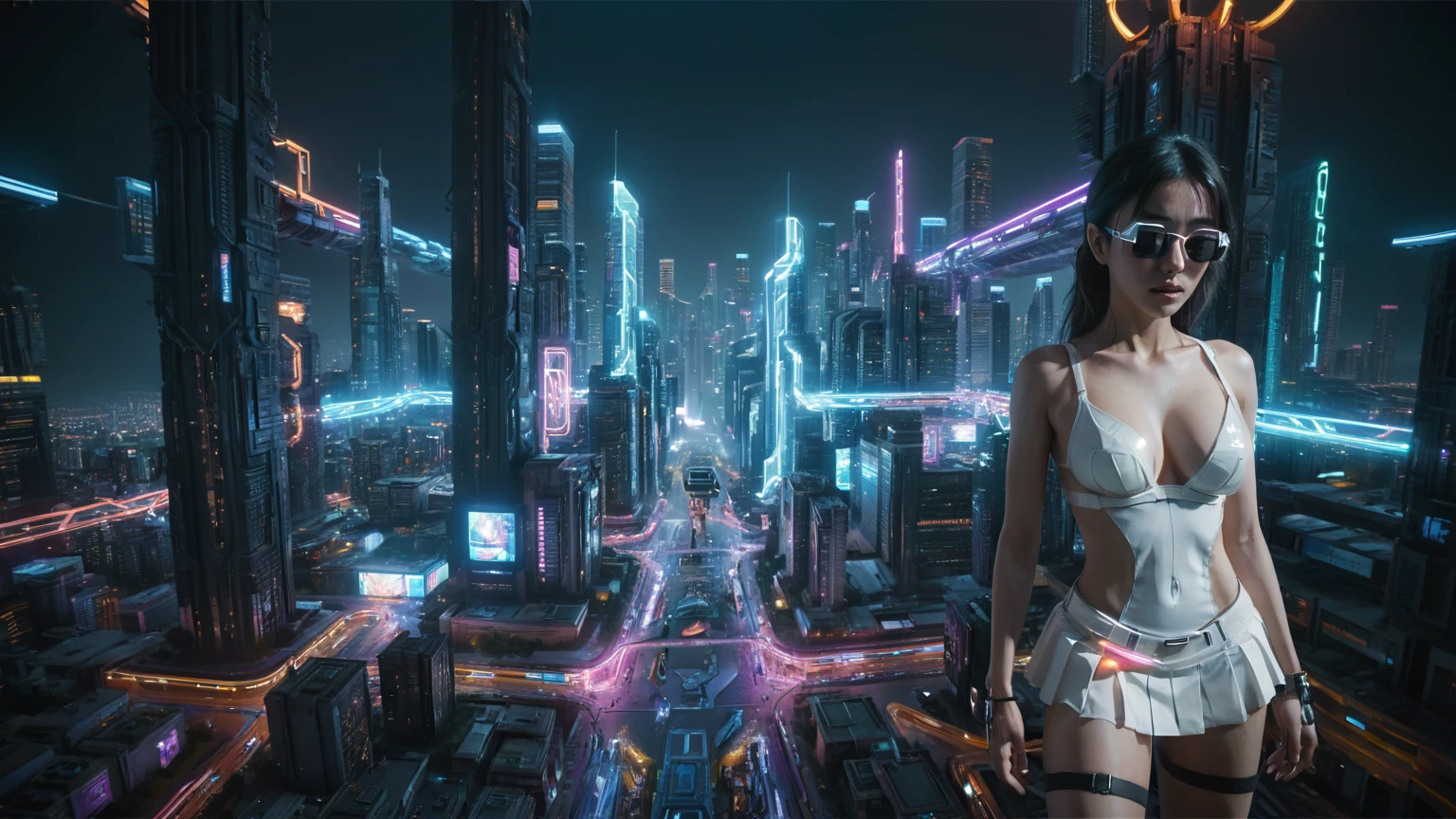 Cyberpunk female plagiarist immersed in digital theft, neon-lit alias within a vast online labyrinth, grotesque grunge brushing into surrealism, illuminated by kaleidoscopic volumetric light, a detailed masterpiece reminiscent of Moebius' distinctive style, deep focus, heightened depth field, psychedelic undertones amplified in a cinematic shot, (((((aerial view of cyberpunk city at night))))), (((((1girl, solo, alone))))), photo realistic, (((((large-breast:1.4 slim body, cleavage:1.4))))), (((off broken mini sling-shirt and black sling bra, (((extreamly short white pleated miniskirt, micro panty)))))), (((((running pose))))), (((((((matrix style black micro sunglasses))))))), ((((((((((aiming with a short gun)))))))))), (((((looking at camera))))), (((very low view))), (((((half-body thigh level medium shot))))), (((cinematic lighting))).