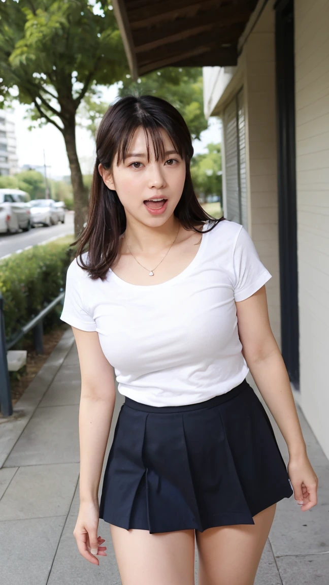 (((8K、High resolution、Highest quality、High resolution)))alone、Natural body shape、White skin、Natural Makeup、Black Hair、bangs、 Long Hair、(Big Breasts),Looking into the camera、Outdoor,(Business look), Violet ribbed short sleeve V-neck, Formal blue tight skirt,mini skirt , necklace、((Full body photo)),(((sweat, blush, narrow eyes, open mouth)))