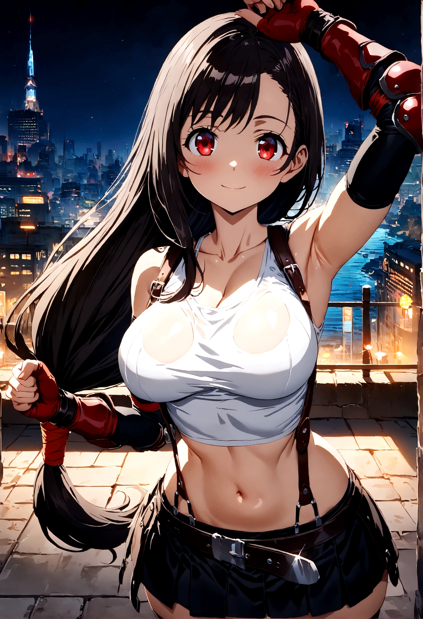 score_9, score_8_up, score_7_up,4k, ,BREAK , from front,from front,breast angle view,breast focus:1.5,standing,straight-on,(arm up,fist),(pantiesshot),(medium shot),looking_at_viewer ,1girl, tifa lockhart, final fantasy, tareme,black hair, low-tied long hair, red eyes, bangs, white tank top, belt, pleated skirt, thighhighs, elbow fingerless gloves, elbow pads, midriff, navel,suspender skirt ,large_breasts,(light smile),Curvy waist ,Solo,,(midnight and beachside and city),Toned,,detailed skin,(best quality),(aesthetic,very aesthetic),masterpiece, highres,4k,(ultra-detailed:1.4) (illustration:0.4), (ray tracing,:0.7),(anime colored:0.7),(ai-generated:0.5), (anime screencap:0.8),megami magazine