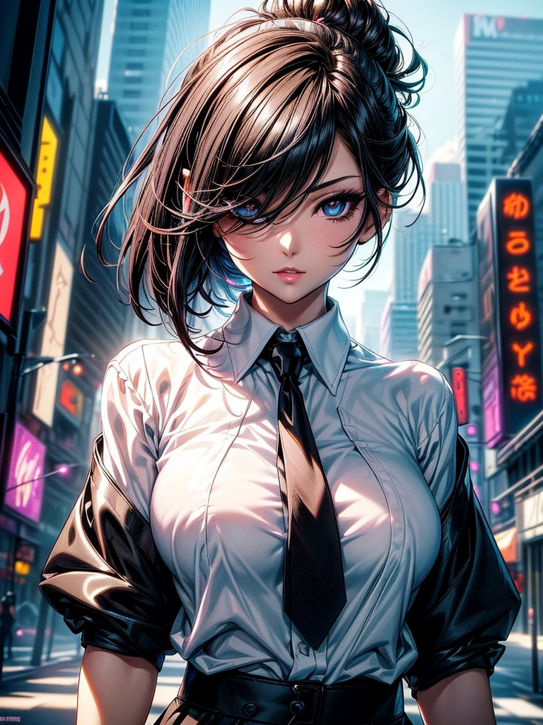 (masterpiece)(8k)(cute)(25-year old woman)(facial close-up:1.2)(1girl:1.5)(solo:1.8)(wild hair:1.3)(short hair:1.3)(black brown hair)(shiny hair:1.2)(hair over one eye:1.5)(hairbun:1.2)(flat chest:1.3)(black pupils:1.5)(glossy skin:1.5)(glossy lips)(dark, glossy eye-shadow:1.6)(dark eyelashes:1.5)(white office shirt:1.6)(long black necktie:1.4)(nose piercing:1.2)(serious expression:1.4)(hush:1.3)(cityscape in background:1.5)(night time:1.5) rossdraws pastel vibrant, rossdraws cartoon vibrant, style anime 8k, beautiful portrait, artgerm colorful!!!, ! dream artgerm, beautiful anime girl, styled digital art, art wallpaper 8k, digital art, extremely detailed artgerm,