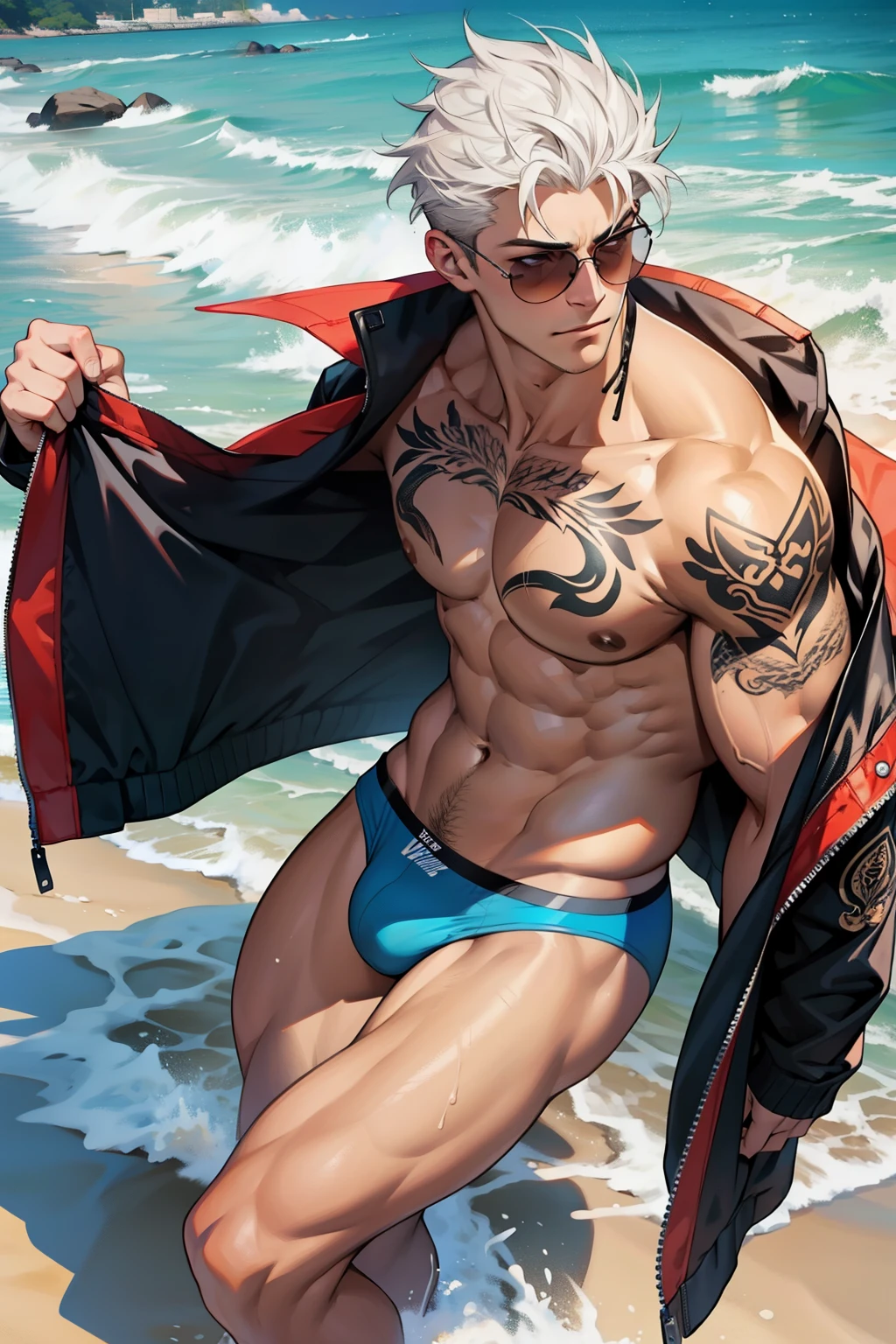 (เด็กชาย 1 คน,เป็นผู้ชาย),หนุ่มอนิเมะกล้ามโตในยิม, facial expression like masturbation, 1boy, bikini, Tight muscles, Broad shoulders, Handsome and old, Tiny underwear, Sexy, sex, Guy, Gay, Sea, jacket, sunglasses, boy, floral bikini, bright white hair, tight leg muscles, big Cook, Muscular anime guy, tattoo,