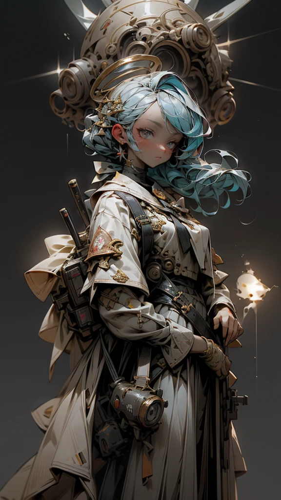 masterpiece, Exquisite, figure, {Beautiful and meticulous girl}, A beautiful and elaborate halo, (Fires of War: 1.2), (Nuclear explosion behind: 1.3), rain, Detailed lighting, Detailed water, (Beautiful and detailed: 1.1), Expressionless, palace, Sky blue hair, Scattered hair, Long bangs, Eyebrow, (Grey and white dress: 1.1), Black Ribbon, White bow tie, upper abdomen, Large forehead, dull, flower, Long sleeve