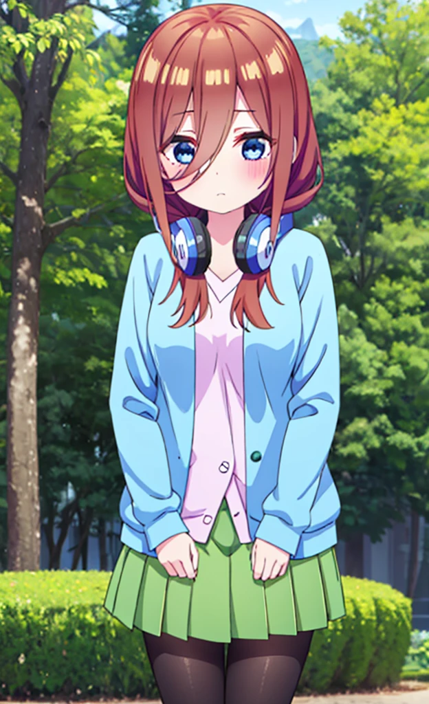 masterpiece,Highest quality,1 Girl,alone,blush with embarrassment,Pokémon-like art style,(bold:1.6),(flat:1.5), miku nakano, LONG HAIR, bangs, blue eyes, BROWN HAIR, SHIRT, HAIR BETWEEN EYES, HEADPHONES, HEADPHONES AROUND NECK,
SKIRT, SHIRT, LONG SLEEVES, WHITE SHIRT, PANTYHOSE, PLEATED SKIRT, BLACK PANTYHOSE, cardigan, GREEN SKIRT, BLUE cardigan, Big Breasts, Massage the breasts