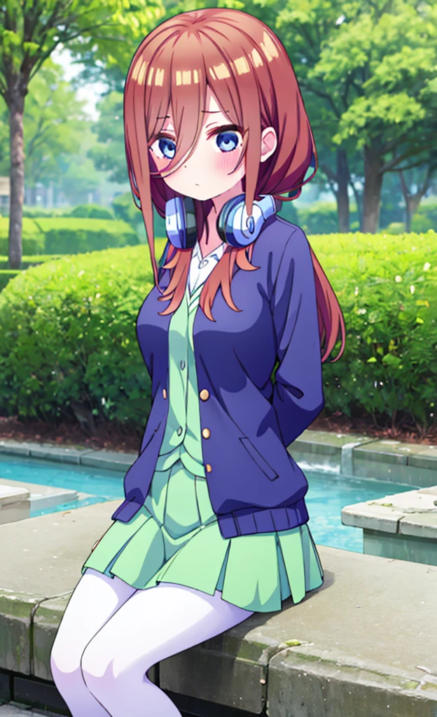 masterpiece,Highest quality,1 Girl,alone,blush with embarrassment,Pokémon-like art style,(bold:1.6),(flat:1.5), miku nakano, LONG HAIR, bangs, blue eyes, BROWN HAIR, SHIRT, HAIR BETWEEN EYES, HEADPHONES, HEADPHONES AROUND NECK,
SKIRT, SHIRT, LONG SLEEVES, WHITE SHIRT, PANTYHOSE, PLEATED SKIRT, BLACK PANTYHOSE, cardigan, GREEN SKIRT, BLUE cardigan, Big Breasts, Massage the breasts