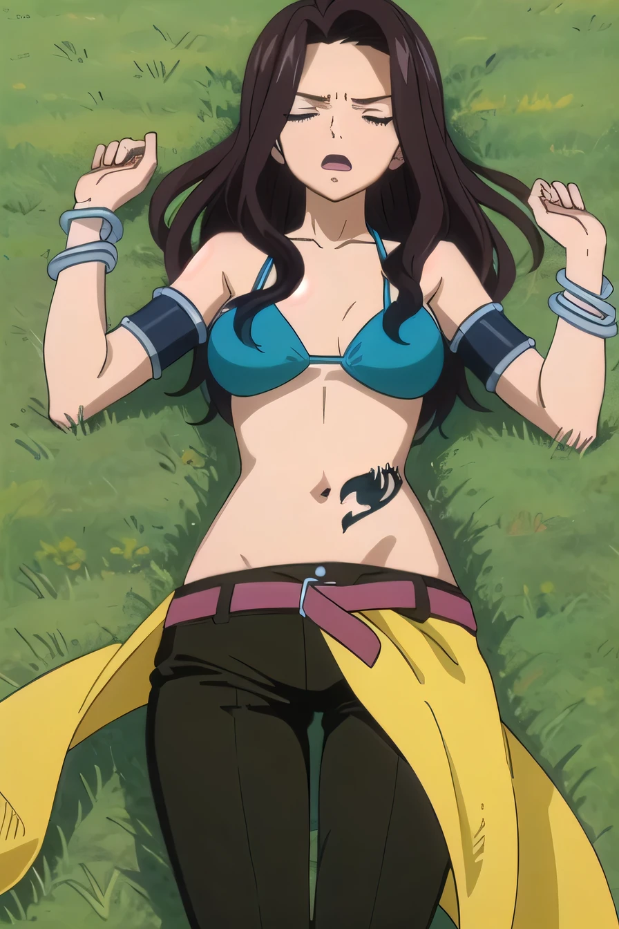 canaalberona, masterpiece, extremely detailed CG unity 8k wallpaper,  blue bikini, bikini top only, pants, belt, armlet, bracelet, tattoo, high quality, solo, lying, on back, closed mouth, on grass, arms up, spread arms,  (cowboy shot:1.5), looking at viewer, sleeping, open mouth, best quality,