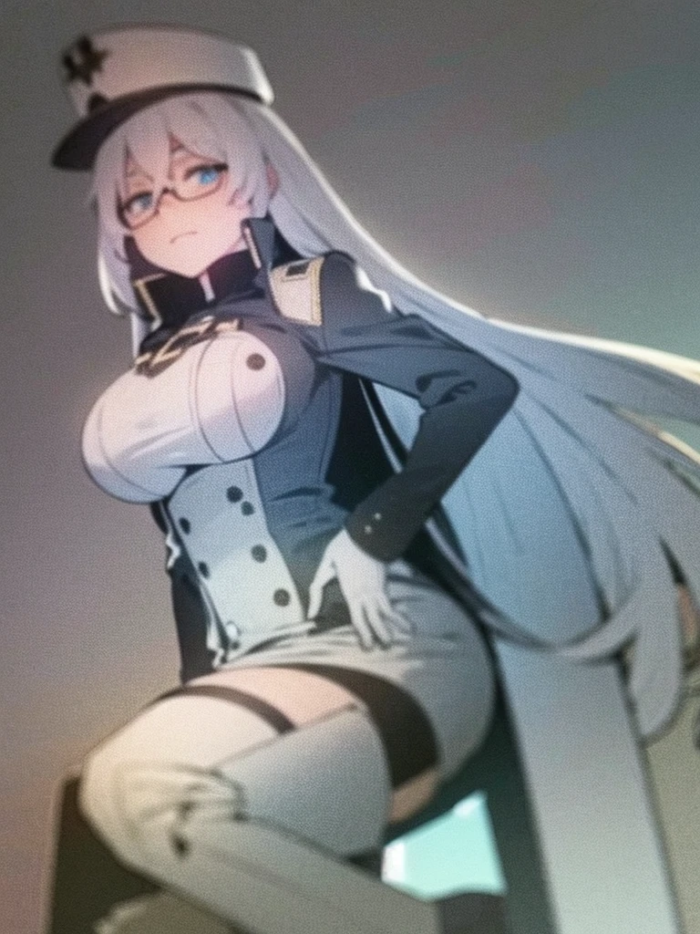 masterpiece, best quality, beautiful girl, white hair with blue inner color, light green eyes, dark blue military uniform, mature_female, eye_glasses, white gloves, anime, dark blue military hat, very_long_hair, perfect body, red ribbon, commander, science_fiction, black knee-high boots, white pencil skirt , cowboy_shot, best quality, large_breasts, ultra-detailed, high quality, modern military uniform, sci-fi, royal blue Trench Coat, one girl 