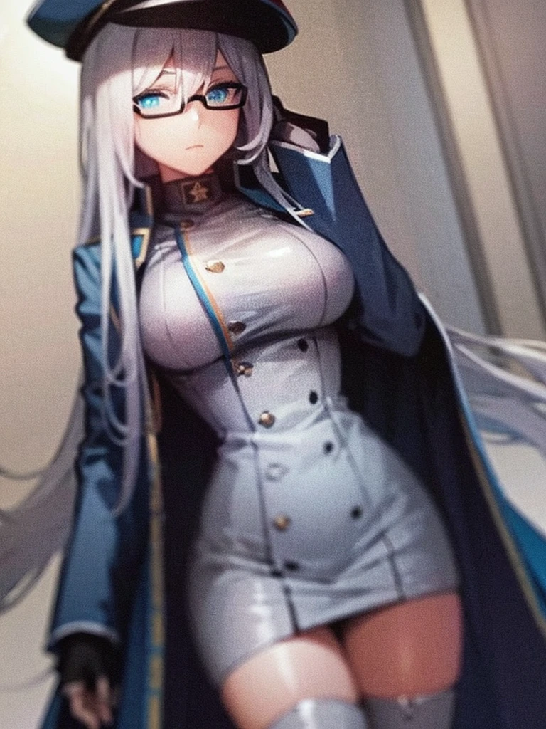 masterpiece, best quality, beautiful girl, white hair with blue inner color, light green eyes, dark blue military uniform, mature_female, eye_glasses, white gloves, anime, dark blue military hat, very_long_hair, perfect body, red ribbon, commander, science_fiction, black knee-high boots, white pencil skirt , cowboy_shot, best quality, large_breasts, ultra-detailed, high quality, modern military uniform, sci-fi, royal blue Trench Coat, one girl 