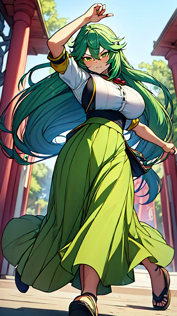 ANIME , high detailed
1 chunky girl, long hair, blue-green hair, yellow eyes, angry face, busty, round buson, gorgeous chunky body, yellow Sattela' clothes, Very large blue Long skirt, large knife in hands, Dynamic action position, action pose