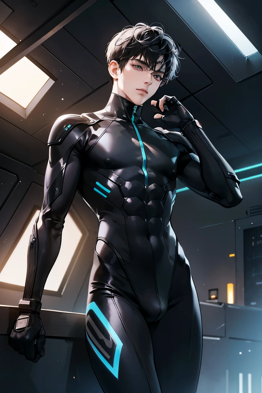 (masterpiece,high resolution,ultra - detailed:1.0),1(boy,robot boy),Perfect male body,Look at the camera,Delicate eyes and delicate face,Extremely detailed CG,Unity 8k wallpaper,Complicated details,solo person,Detailed face, (black futuristic skin tight body suit), (futuristic), (toned body with bulge) color difference, Depth of field,dramatic shadow,Ray tracing,Best quality, hands visible, black gloves,black hair, ((bulge))