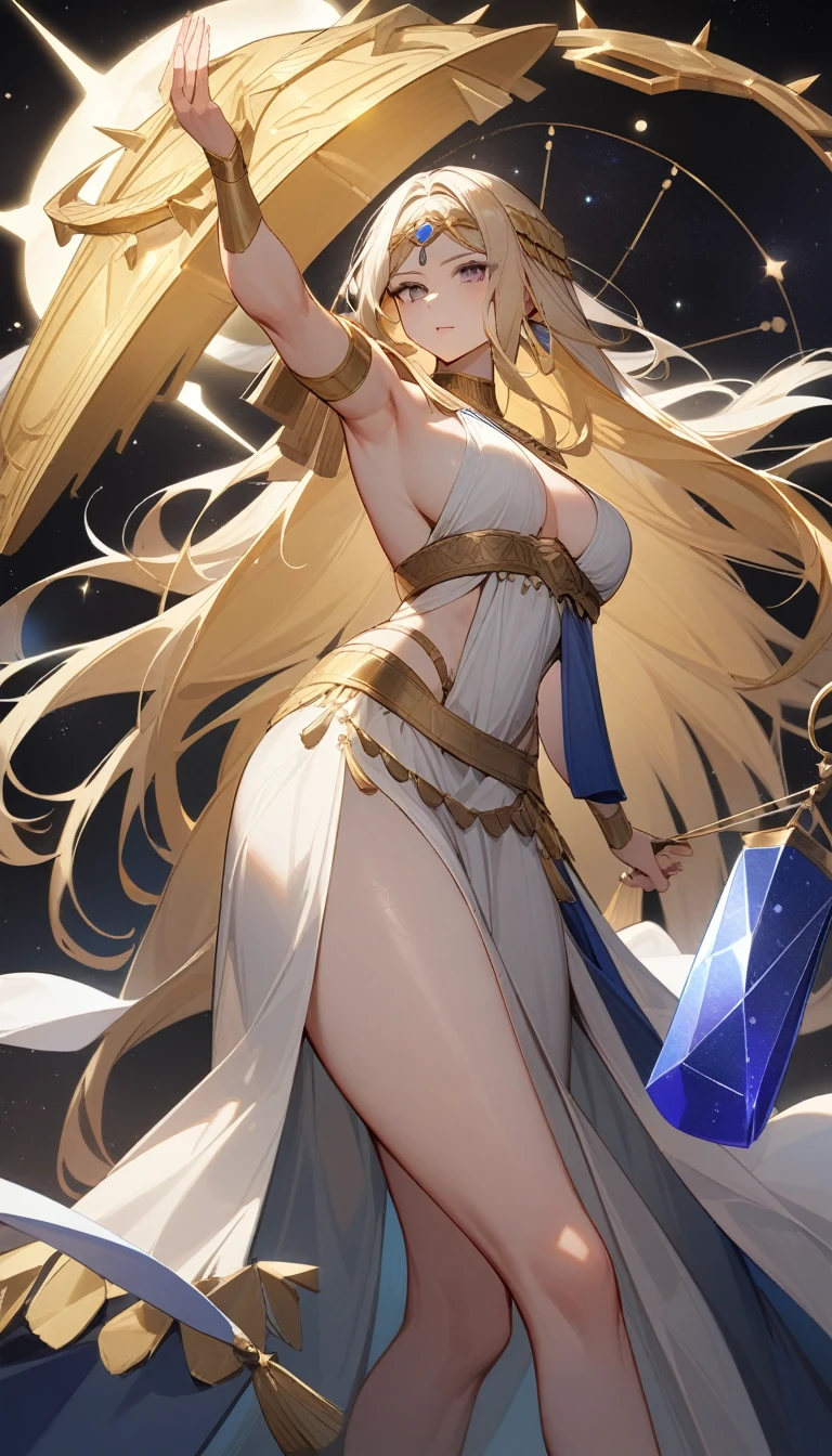(Huang Li、high quality、Extremely detailed),Constellation - Libra goddess,Huge Libra,Woman holding a scale,Similar to Latin goodness,brave,capricious,Productivity,The face of enterprising and humanitarianism,Long yellow hair,Ancient Greek costumes、Wrap Dress,Conservative clothing,The background is the universe,Crystal black eyes(Eyes Details),Powerful appearance, Correct anatomy