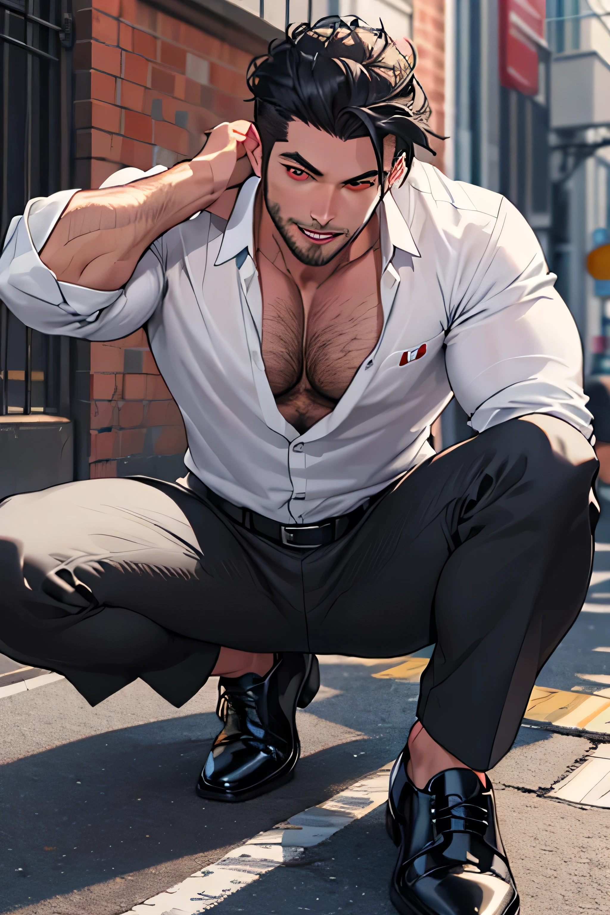 ((best quality)), ((masterpiece)), (detailed), 1guy, chest hair, arm hair, black hair, open white dress shirt, black dress pants, black dress shoes, red eyes, fangs, stubble