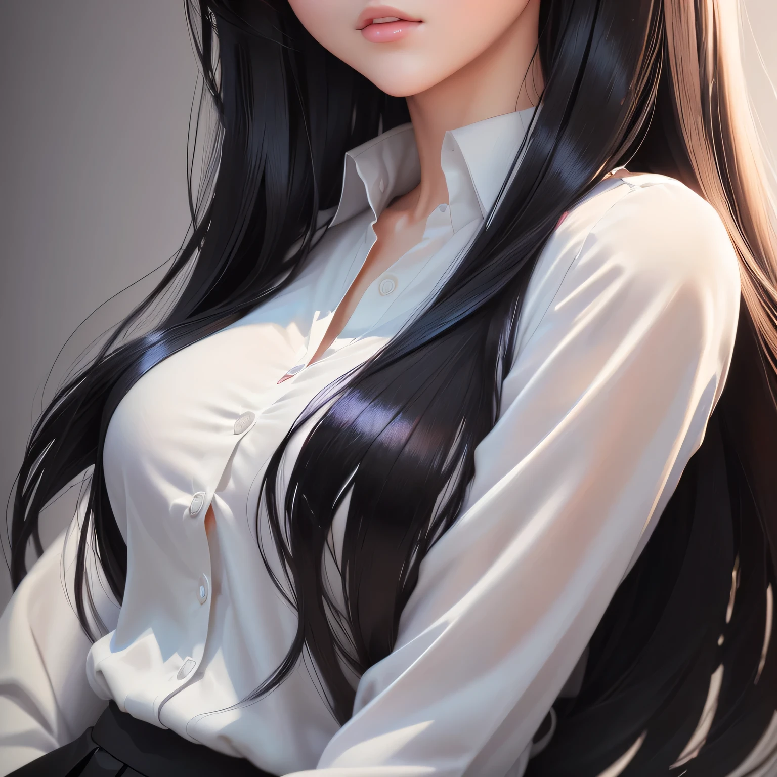 Close-up of a woman in a white shirt and black skirt, artwork in the style of Gwaiz, Realistic anime art style, Realistic anime art style, Anime realism style, Ilya Kuvshinov with long hair, Realistic Anime 3D Style, Gwaiz, Digital anime illustration, Beautiful anime portraits, Cute realistic portrait, Realistic art style, Style Anime