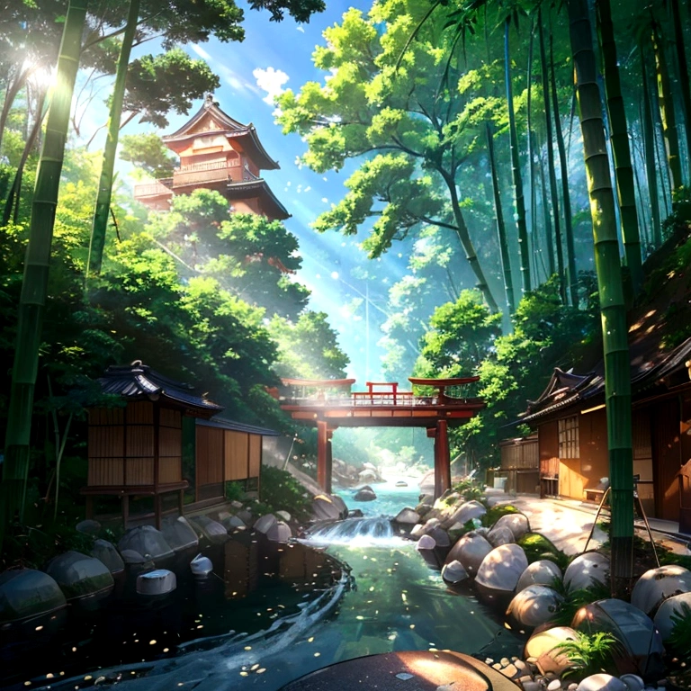 Japanese countryside, river, Somen流し, Bamboo Gutter, summer, , Lush tree々, Blue sky, White cloud, sunlight, Cool breeze, Splash, Somen, Nagashi somen, Shade, Sunlight filtering through the trees, nature, tradition, Tradition, summerの思い出, Digital interface, Futuristic Technology, 光るSomen, natureとテクノロジーの融合, Photorealistic, Art Station Quality, High resolution, Detailed texture, 8K, Concept Art, Instagram Post
