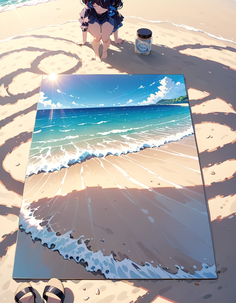 Highest quality、detailed、More information、beautifully、Anime Scenery、summer、Ocean、Ocean岸、Sandy Beach、beautifulOcean、tide、No people、Sun reflection、Zaza Wave、Emotional、Attractive landscape painting、bright、shadow、beautiful、