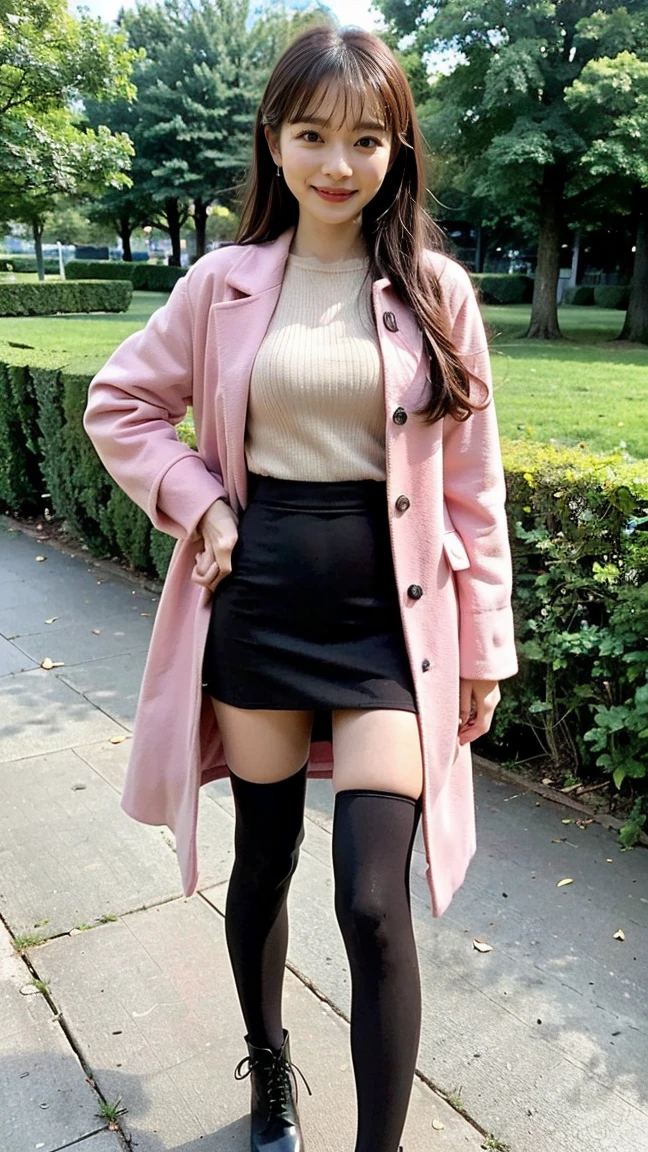 (8K、RAW Photos、Highest quality、masterpiece:1.2)、(Realistic、Realistic)、1 Girl、((Pink Coat、one piece、tights、Black mini skirt、boots、Big Breasts、whole body、garden、View from the front、Looking into the camera、Stand with one hand on your hip))、