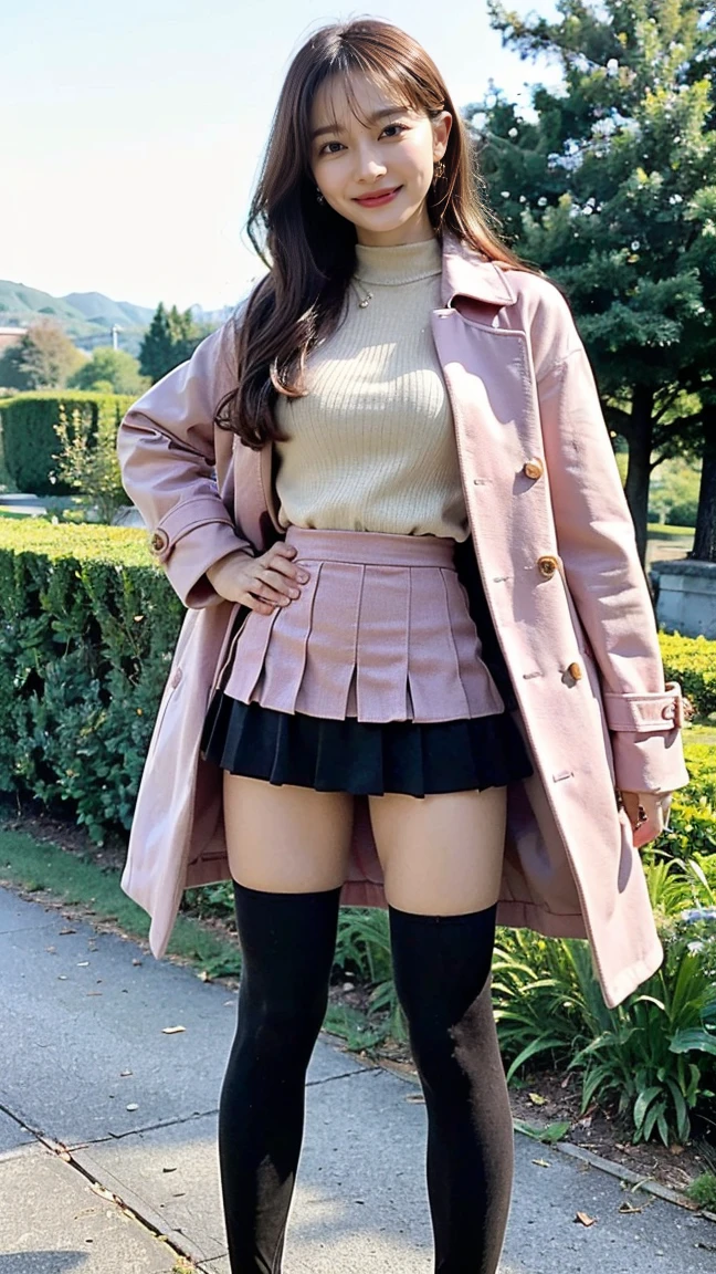 (8K、RAW Photos、Highest quality、masterpiece:1.2)、(Realistic、Realistic)、1 Girl、((Pink Coat、one piece、tights、Black mini skirt、boots、Big Breasts、whole body、garden、View from the front、Looking into the camera、Stand with one hand on your hip))、