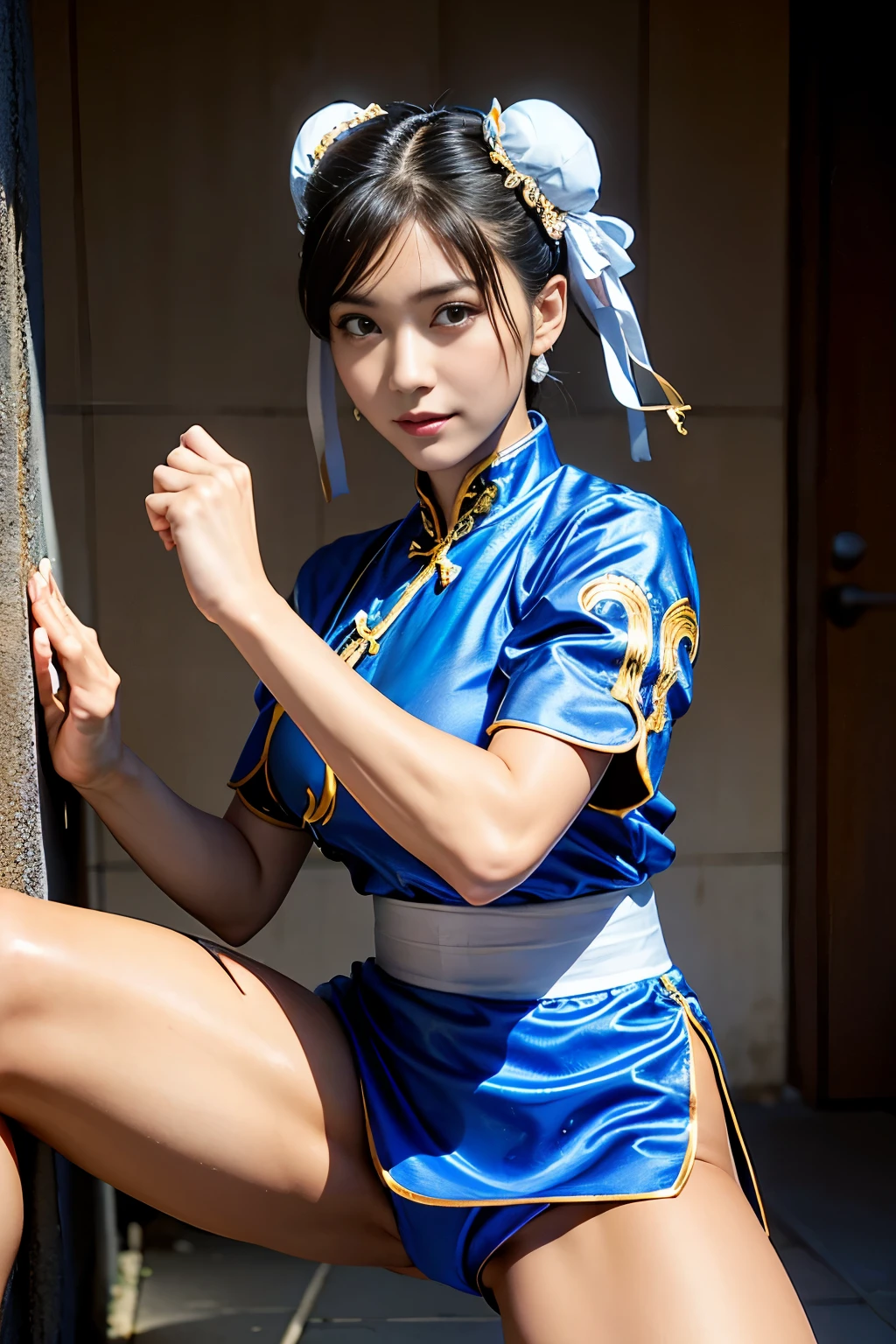 《Street Fight II》Chun-Li,Perfect Chun-Li Costume,Blue and gold cheongsam,Bun head,Good cover,Fighting Stance,High Kick,Kick、Lift your legs,masterpiece、1 beautiful girl、beautiful eyes、y eyes、best quality, 超high resolution, (Reality: 1.4), Light、Super beautiful、Beautiful skin、Turn your body forward、(超Reality)、(high resolution)、(8K)、(Very detailed)、(beautiful eyes)、(Very detailed)、 (wall-)、Delicate face、明亮的Light线、Professional Lighting、Looking at the audience、Direct vision、Tilted stone sculpture, best quality, masterpiece, best quality, Perfect face, Perfect brown eyes and white sclera, Bad Move - 5, solitary, 1 girl, Upper Body, Brown hair, From SF2, Chinese service, Smile, muscular woman, Blue clothes, Pant, Pelvic Curtain, Full short sleeves, Good cover, sash, appraise,Kick起来.