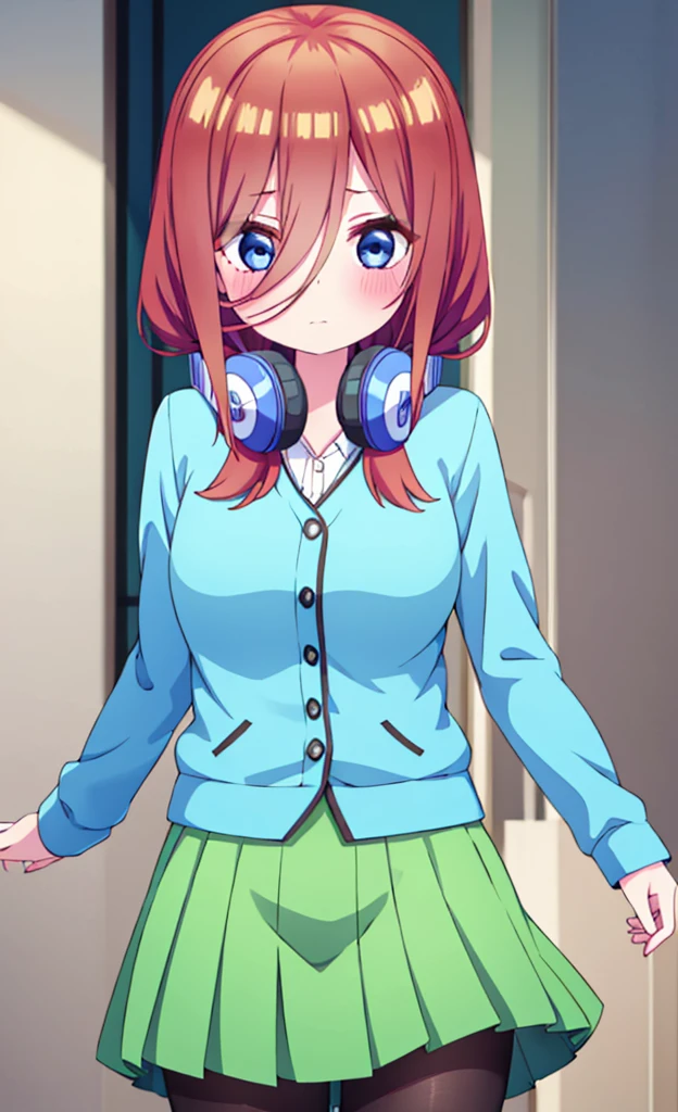 masterpiece,Highest quality,1 Girl,alone,blush with embarrassment,Pokémon-like art style,(bold:1.6),(flat:1.5), miku nakano, LONG HAIR, bangs, blue eyes, BROWN HAIR, SHIRT, HAIR BETWEEN EYES, HEADPHONES, HEADPHONES AROUND NECK,
SKIRT, SHIRT, LONG SLEEVES, WHITE SHIRT, PANTYHOSE, PLEATED SKIRT, BLACK PANTYHOSE, cardigan, GREEN SKIRT, blue cardigan, Big Breasts, Grab the chest