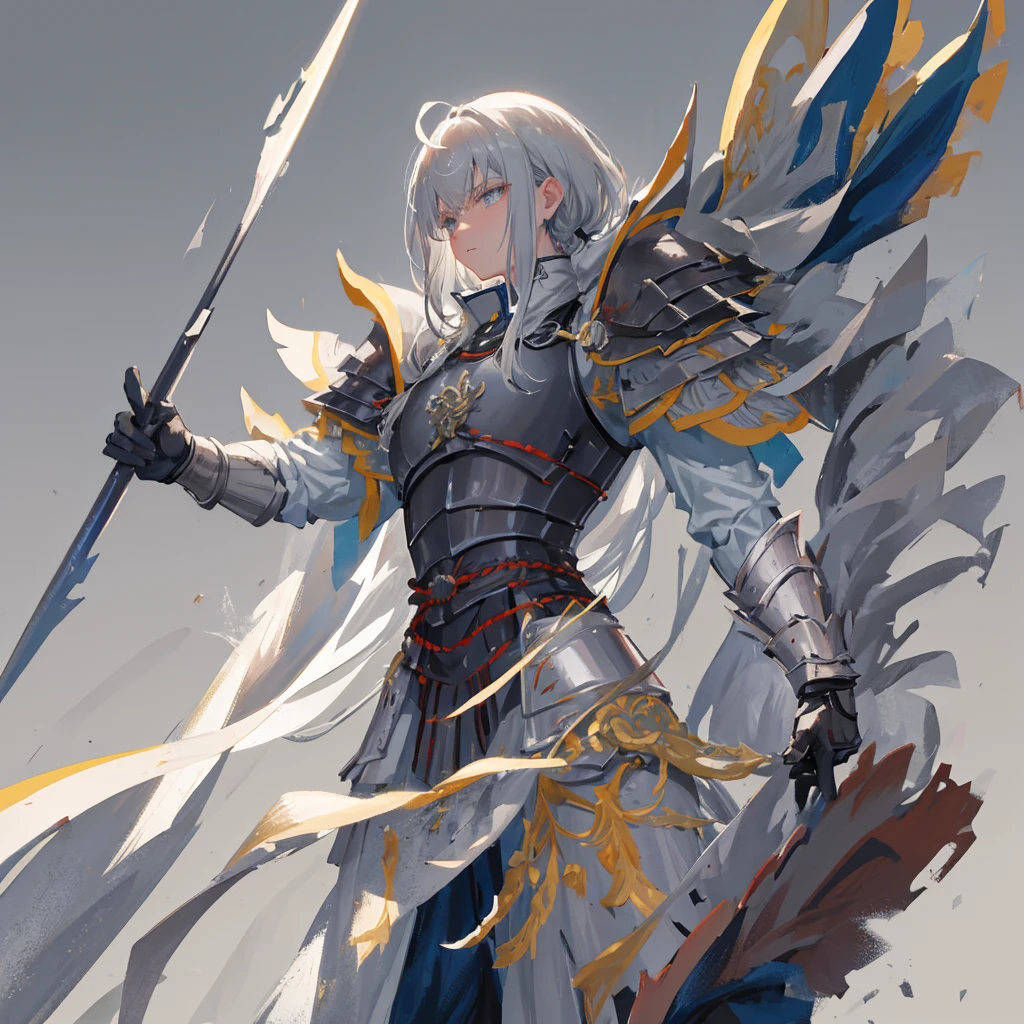 A medieval guard,warrior,mighty,divinity,白色短发male,Wearing armor,((male)),((Plain gray background))