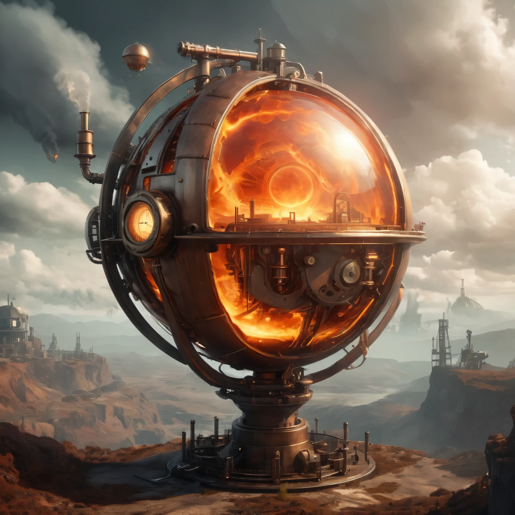 A steampunk-inspired interpretation of the fiery sphere and landscape, with industrial, mechanical elements and a vintage, retro-futuristic aesthetic.
