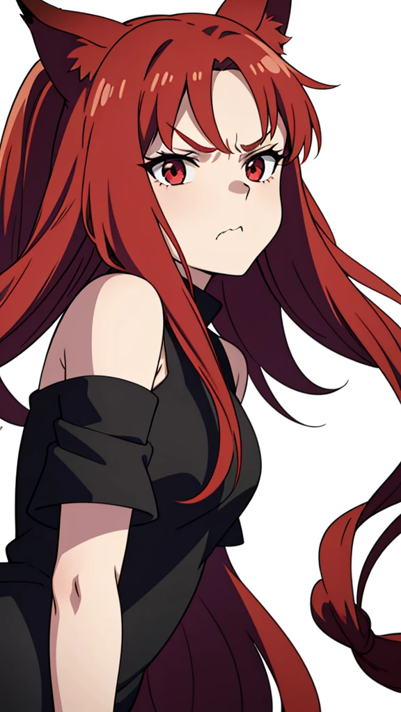 1girl ,20s,angry face,red hair,long hair,fox ears,(white background, line drawing),(black bodysuit:0.3)