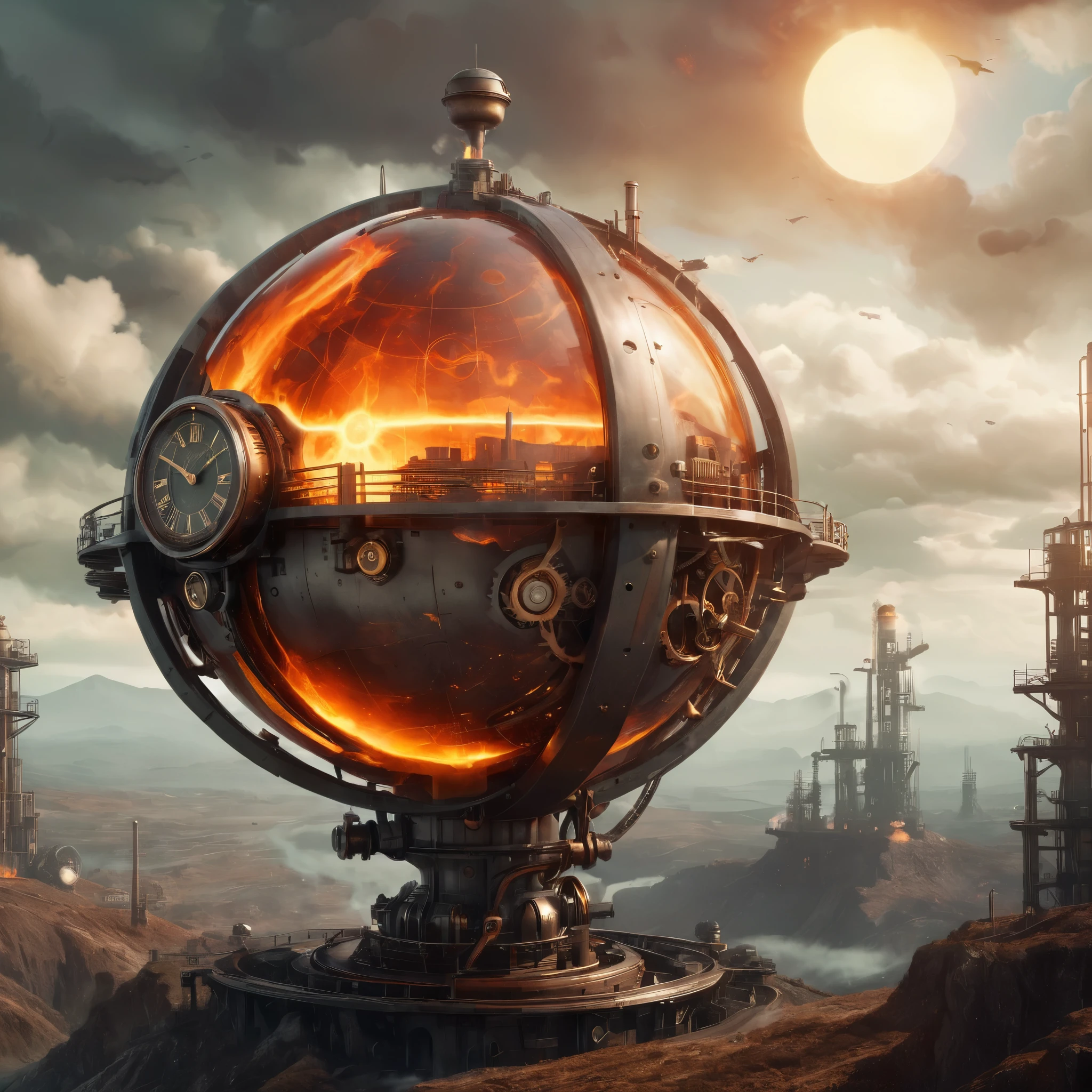 A steampunk-inspired interpretation of the fiery sphere and landscape, with industrial, mechanical elements and a vintage, retro-futuristic aesthetic.