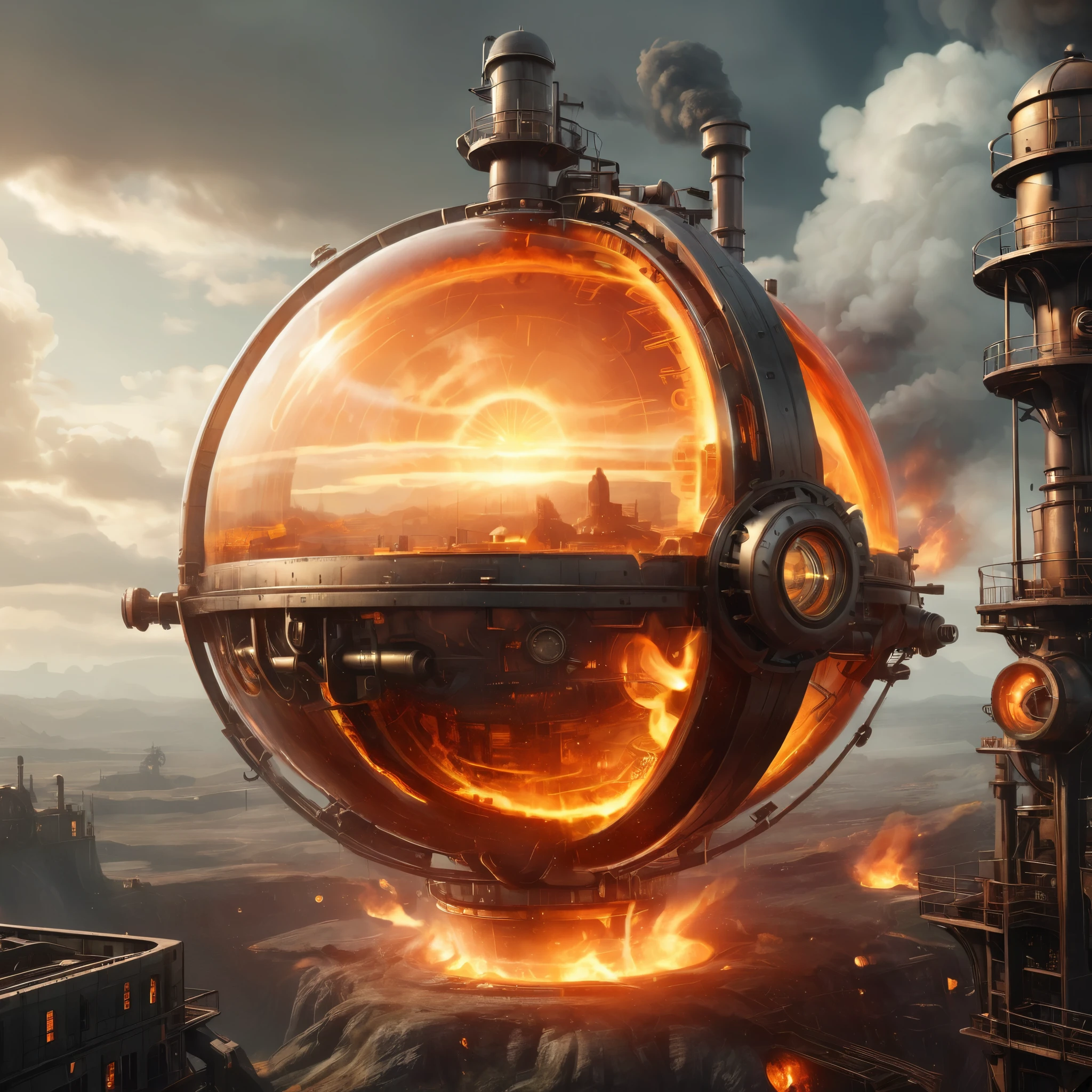 A steampunk-inspired interpretation of the fiery sphere and landscape, with industrial, mechanical elements and a vintage, retro-futuristic aesthetic.