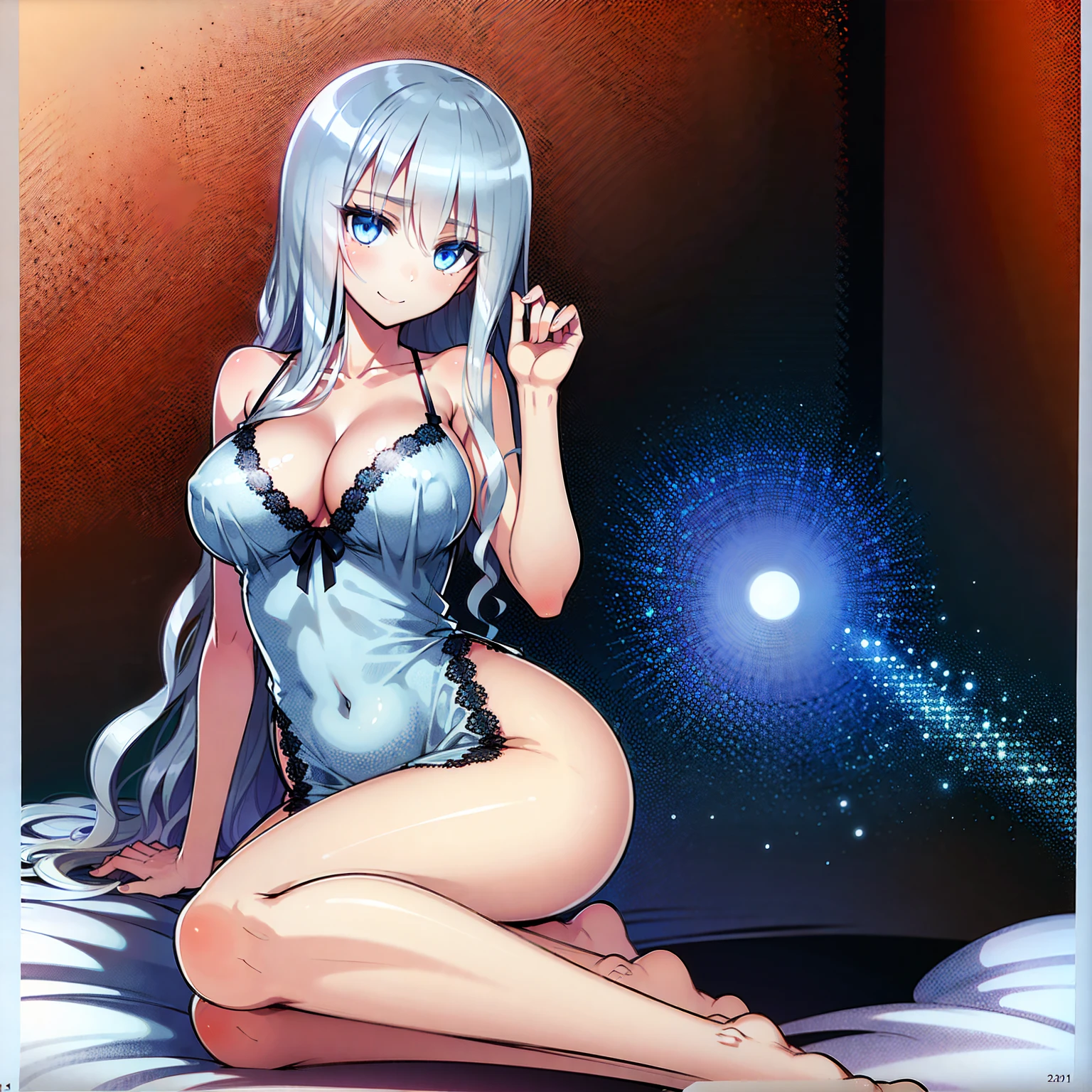(((1 girl))), ((detailed blue eyes)), ((long silver hair)), large , curvy hips, perfectly drawn body, seductive smile, nightgo laying on a bed, best quality, masterpiece, ultra-detailed