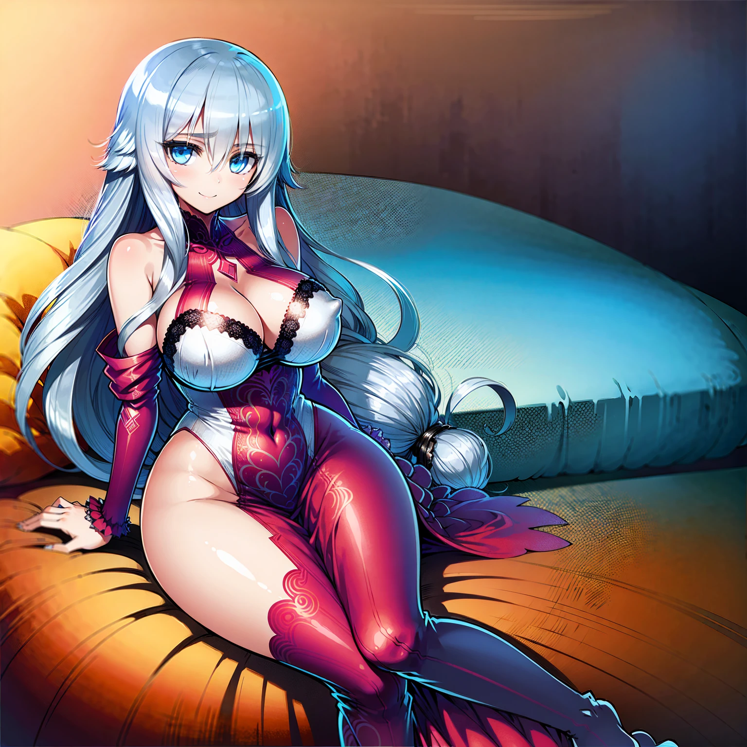 (((1 girl))), ((detailed blue eyes)), ((long silver hair)), large breasts, curvy hips, perfectly drawn body, seductive smile, nightgown, laying on a bed, best quality, masterpiece, ultra-detailed
