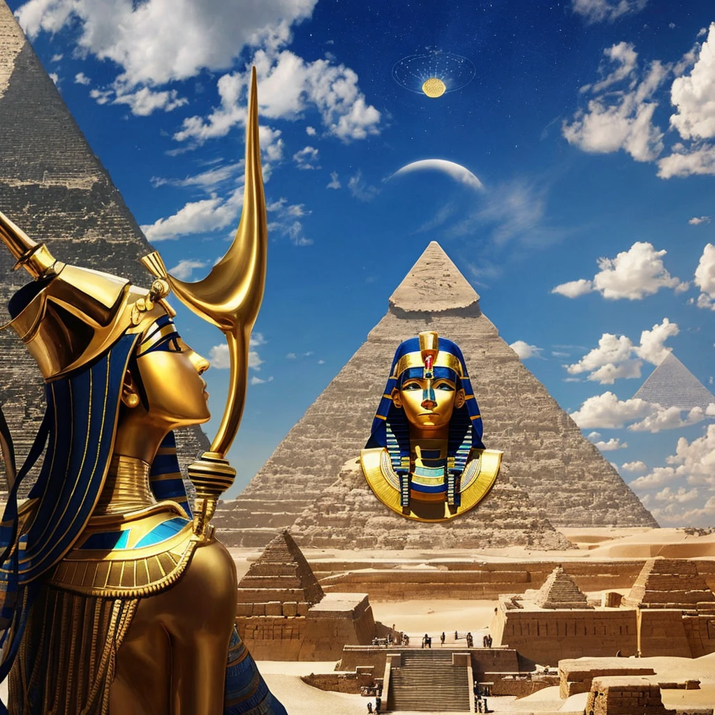 Create an image in Egypt, of a pharaoh with Eye of Horus, a Pyramid in the background, UFOs in the sky. (futuristic image)