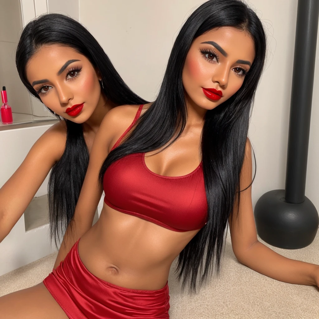 Create a Mexican woman, skin tanned , wearing crop top ,long silky black hair, red lipgloss stick, red nails. Her hair is wet