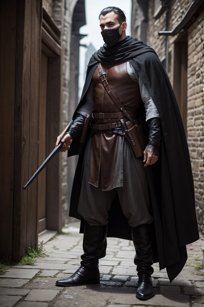 Create a full body assassin man from a medieval era dark fantasy