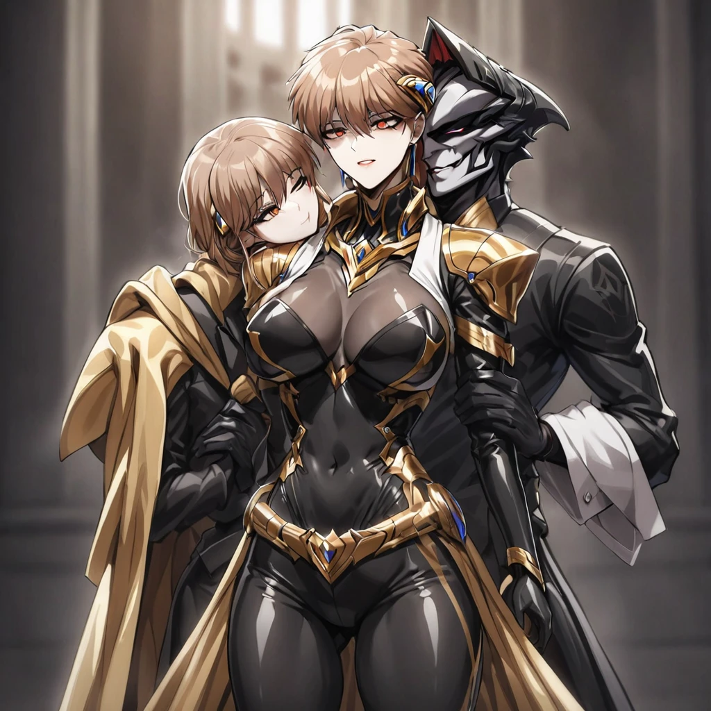 ((Highest quality)), ((masterpiece)), (detailed), (Perfect Face)、The woman is Princess Leona, with medium-long light brown hair, wearing a shiny, flashy, sexy, revealing black dress bodysuit, an open-front skirt, a cape, a headgear, lipstick and makeup, and is an evil female executive who is standing next to a man who is the dignified boss of an evil organization.、Women are brainwashed, expressionless, and have no highlights in their eyes.、The woman is being held close by the powerful boss of an evil organization.、A strong male boss of an evil organization is embracing a woman, kissing her and showing her affection.