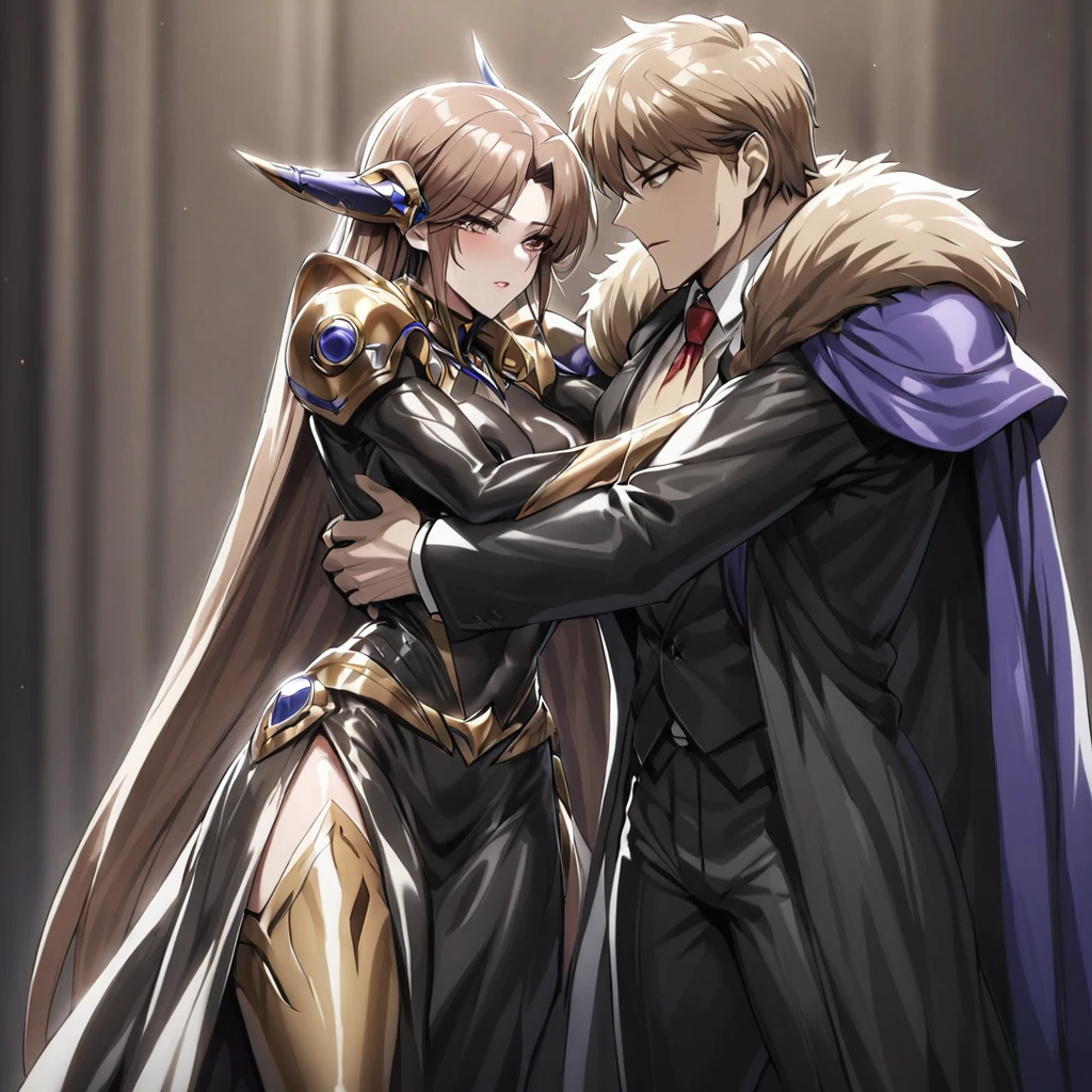 ((Highest quality)), ((masterpiece)), (detailed), (Perfect Face)、The woman is Princess Leona, with medium-long light brown hair, wearing a shiny, flashy, sexy, revealing black dress bodysuit, an open-front skirt, a cape, a headgear, lipstick and makeup, and is an evil female executive who is standing next to a man who is the dignified boss of an evil organization.、Women are brainwashed, expressionless, and have no highlights in their eyes.、The woman is being held close by the powerful boss of an evil organization.、The strong boss of an evil organization is embracing a woman and loving her.