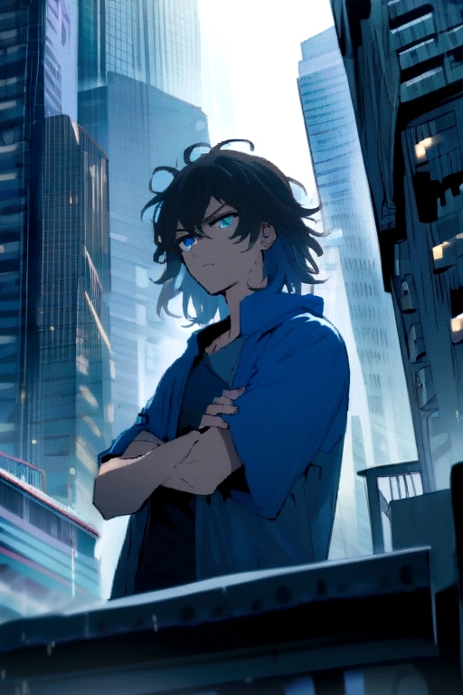 Teenage boy, Messy hair, Medium length hair, black hair with blue highlights, dark brown and blue eyes heterochromia, serious face, dark blue shirt short-sleeved loose jacket, crossed arms, scenery in a rainy city with skyscrapers