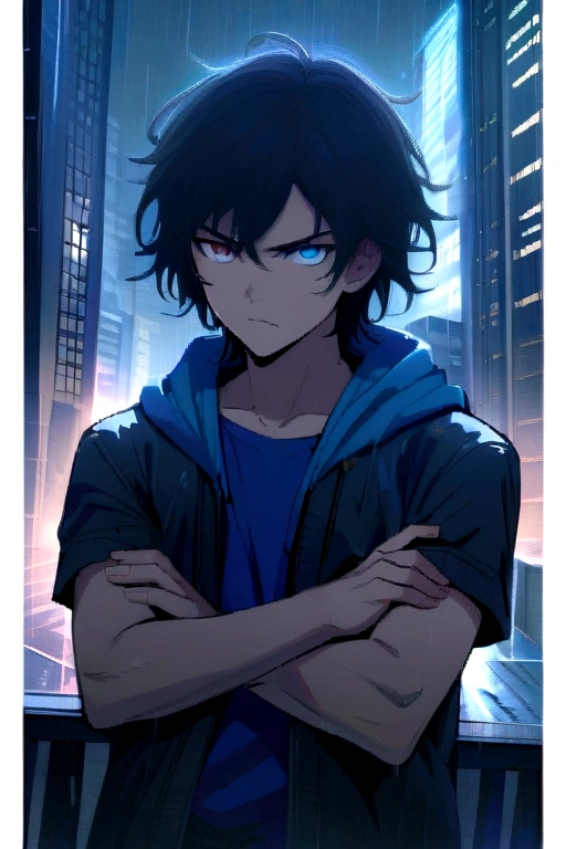 boy, Messy hair, Medium length hair, black hair with blue highlights, dark brown and blue eyes heterochromia, serious face, dark blue shirt short-sleeved loose jacket, crossed arms, scenery in a rainy city with skyscrapers