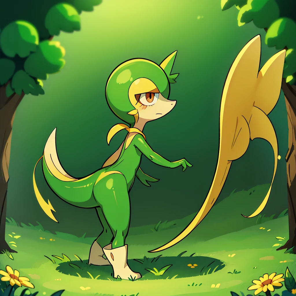 (masterpiece, best quality:1.2),solo,snivy \(pokemon\),pokemon \(creature\),full body,no humans,flower field, good lighting, side view, frown, defined tail, pointed snout, beautiful eyes, ancesra art style