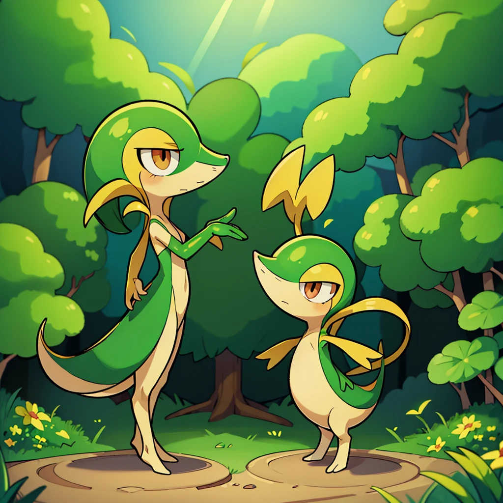 (masterpiece, best quality:1.2),solo,snivy \(pokemon\),pokemon \(creature\),full body,no humans,flower field, good lighting, side view, frown, defined tail, pointed snout, beautiful eyes, ancesra art style
