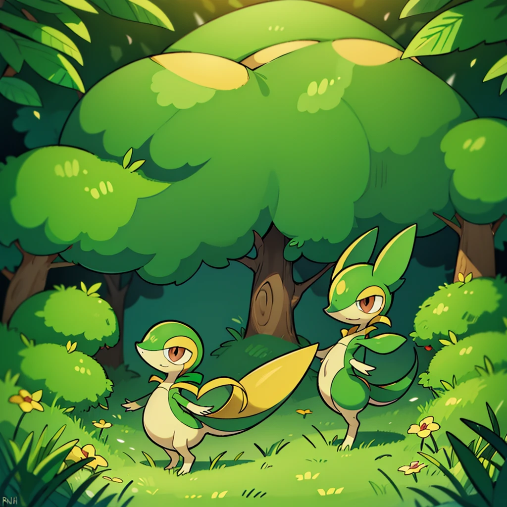(masterpiece, best quality:1.2),solo,snivy \(pokemon\),pokemon \(creature\),full body,no humans,flower field, good lighting, side view, frown, defined tail, pointed snout, beautiful eyes, ancesra art style