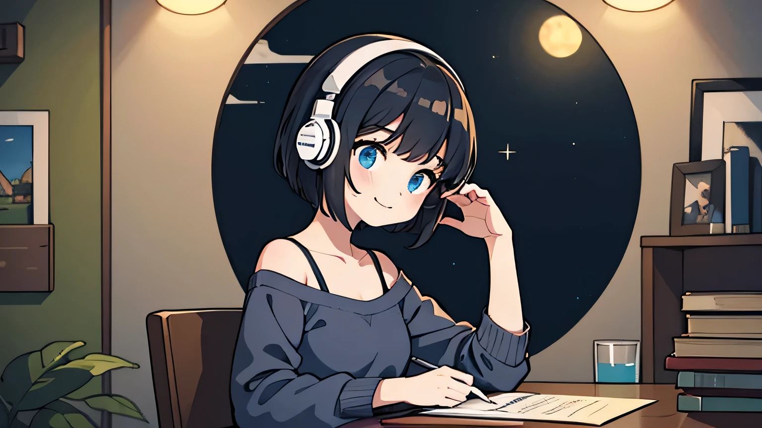 1girl, solo, blue eyes, (detailed eyes), gentle smile on her face flat chest, short hair, black hair, upper body, blue sweatshirt ((masterpiece, illustration, best quality)) A girl wearing headphones and sitting on the study table, cozy room, side profile, wide angle lens, lofi anime, lofi illustration, an aesthetic vibe, vector art, flat design, simple shapes, warm tones, cozy vibes, chill, masterpiece, best quality, 8k, intricate details, magnificent, celestial, ethereal, painterly, epic, majestic, magical, fantasy art, cover art, dreamy, night time