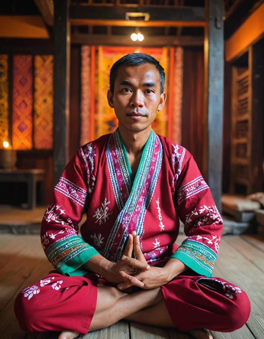 One, Wearing traditional Batak clothing, hands folded, Four fingers, One thumb, Fingers sitting cross-legged, Perfect facial features, facing the camera, Background is a Batak traditional house, The room is filled with colorful light