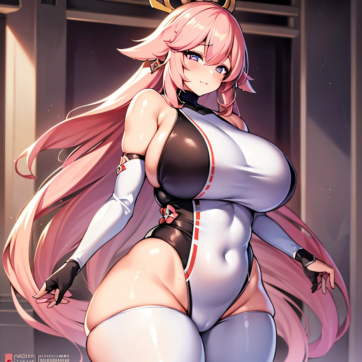 ((extreme detail)),(ultra-detailed), extremely detailed CG unity 8k wallpaper, best quality, Yae_Miko_Genshin_Impact, bodysuit, posing, cowboy shot, lens flare. Girl with thick fat chunky physique. Her height is around 5 feet 2 inches (157 cm), with a huge mommy body. Her skin tone is fair and smooth, giving her an older appearance. In terms of facial features, Hinata has a soft and gentle countenance. She has a slim nose, and her lips are naturally pink and slightly full. Her eyebrows are well-shaped and neatly arched, framing her eyes beautifully. Her are huge and well-shaped. they are massive and u can see a nipple outline Overall, Hinata's appearance is characterized by her serene and kind expression, representing her gentle nature. A sexy girl with huge and a thick body is wearing a body-tight suit where you can see all of her curves and nipple outline white hair. She is thick busty fat and has huge her suit is very very tight and covers her whole body you can see all of her curves and body. Full body suit very tight you can see her full body
