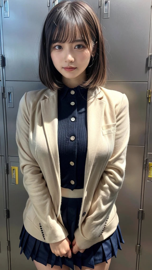 masterpiece, best quality, illustration, Super detailed, fine details, High resolution, 8K,wall paper, perfect dynamic composition,(Details High quality, realistic depiction of eyes:1.3), Upper body, front view, locker room、High school girl uniform、blazer 、Colossal tits、Disturbed uniform, short bob hair, black hair color, huge breasts, Big Natural Color Lip, crying a little、Harajuku style、20 year old girl