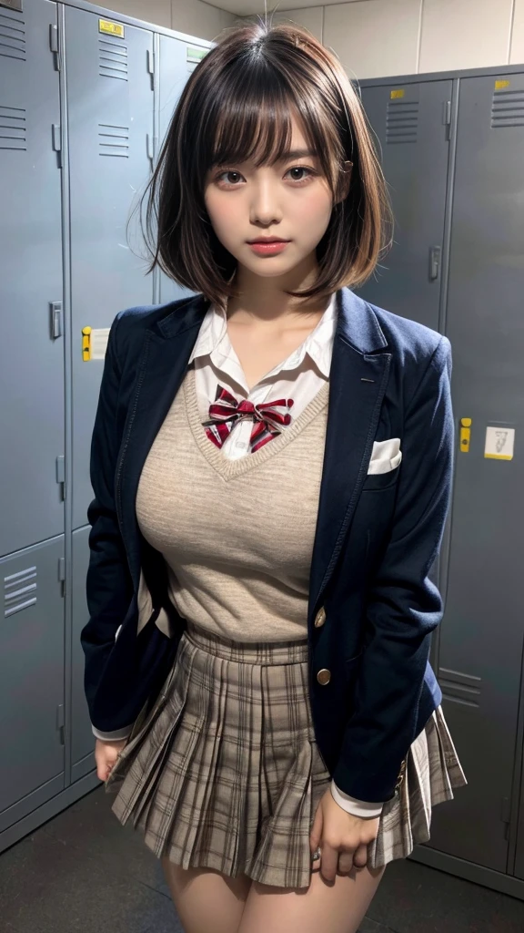 masterpiece, best quality, illustration, Super detailed, fine details, High resolution, 8K,wall paper, perfect dynamic composition,(Details High quality, realistic depiction of eyes:1.3), Upper body, front view, locker room、High school girl uniform、blazer 、Colossal tits、Disturbed uniform,  short bob hair, black hair color, huge breasts, Big Natural Color Lip, crying a little、Harajuku style、20 year old girl