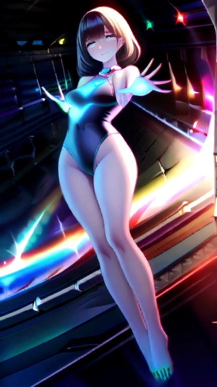An ultra-realistic and ultra-detailed (Legendary Multicolored Psychedelic Masterpiece), ((HOLDING A GORGEOUS COLORFUL RAINBOWLUMINESCENT GALAXY IN HER HANDS)), ((full body portrait)), (Dynamic Angle), best quality, (Angled View), 1girl, She is a Gorgeous Magical Alchemist, a very noble Caucasian lady, ringed silver eyes, Calm, half closed eyes, thin body, slim waist, small breasts, (bare legs), Awesome Black Hair, a confident smile, ((HOLDING A GORGEOUS COLORFUL RAINBOWLUMINESCENT GALAXY IN HER HANDS)), Celestial Star Map, highly detailed expensive wizard's skirt, beautiful, dramatic, backlighting, night, midnight, (Multitude Of Stars), beautiful fantastic night view, (ultra-detailed, finely detailed beautiful eyes and face), high resolution, 8k UHD, perfect anatomy, perfect fingers, Highly detailed scenery, Highly detailed background, perspective, depth of field, atmospheric